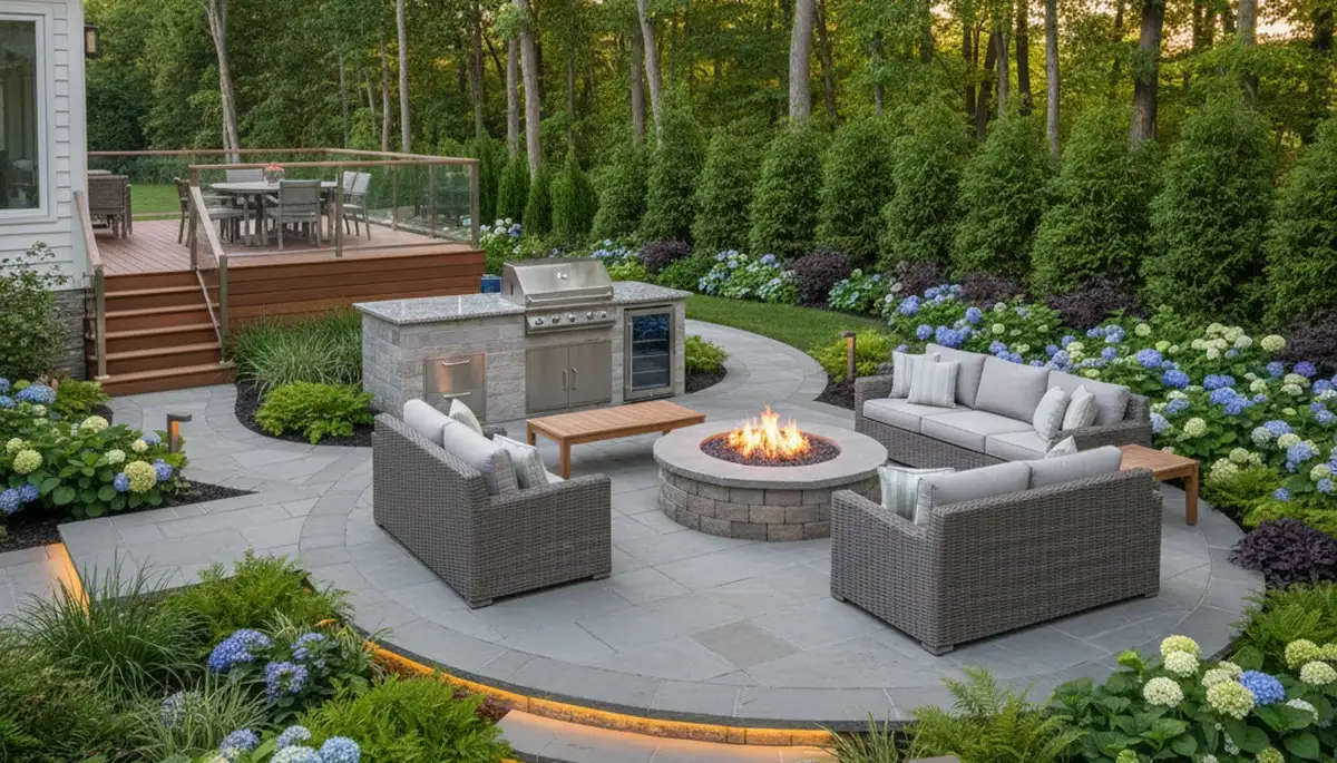 Backyard patio design with lighting and landscaping by Chop Chop Landscaping in Cleveland, OH