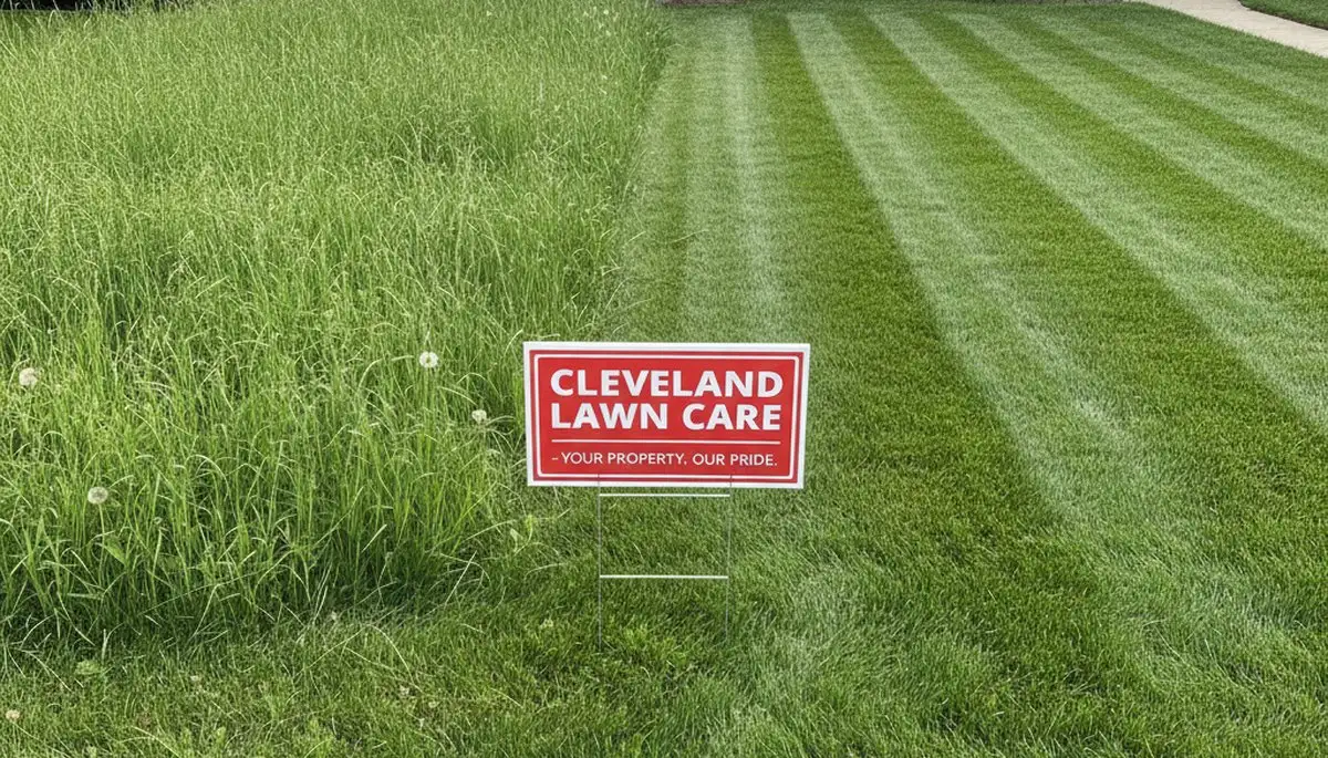 Before and after lawn mowing transformation by professional landscapers in Cleveland, OH