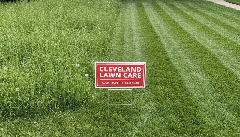 Before and after lawn mowing transformation by professional landscapers in Cleveland, OH