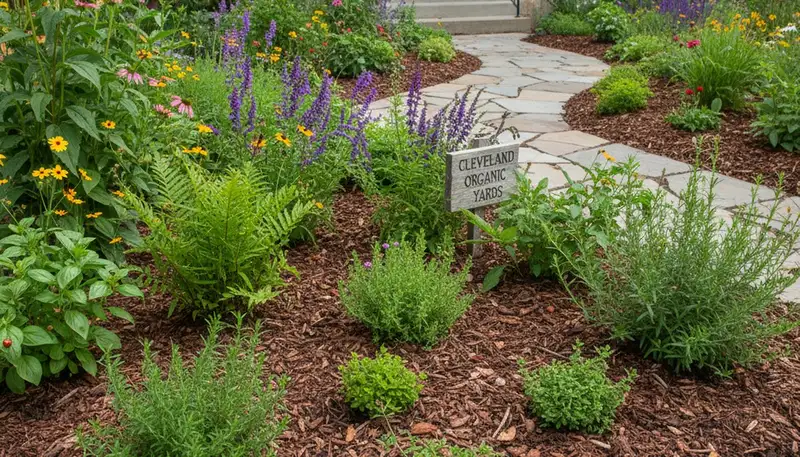 Organic landscape beds with native plants and natural mulch by Chop Chop Landscaping in Cleveland, OH