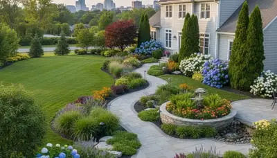 Complete property landscape transformation with garden beds and hardscape in Cleveland, OH