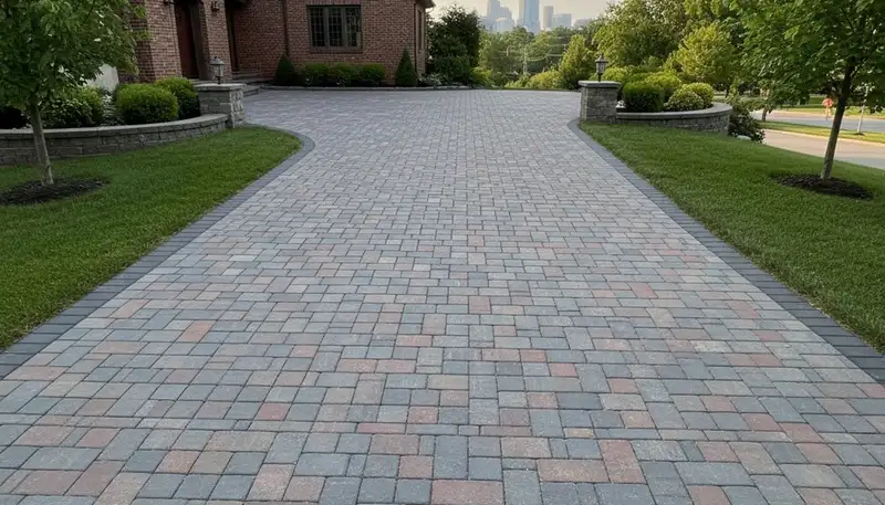 Completed interlocking paver driveway installation by professional landscapers in Cleveland, OH