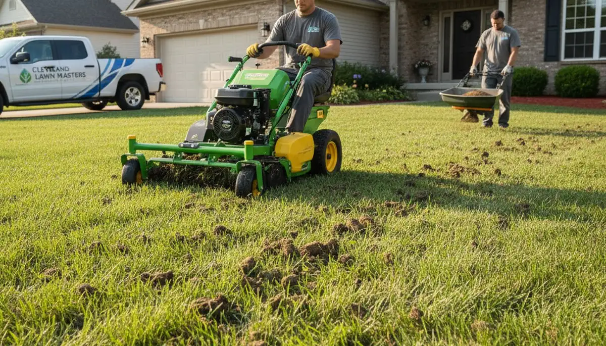 Professional core aeration on a Cleveland OH lawn with soil plugs improving turf health