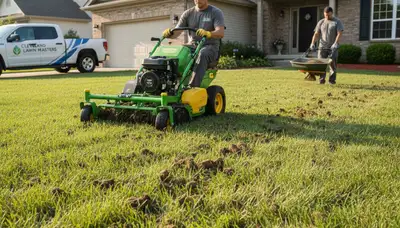 Professional core aeration on a Cleveland OH lawn with soil plugs improving turf health