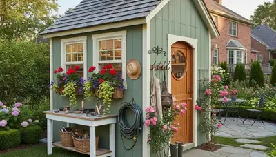 Decorative garden shed with custom landscaping in Cleveland, OH by Chop Chop Landscaping