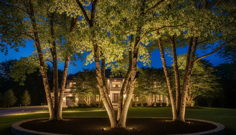 Dramatic tree uplighting design by Chop Chop Landscaping in Cleveland, OH showcasing professional outdoor lighting
