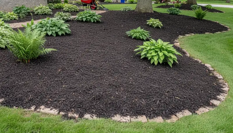 Freshly spread mulch beds with clean edges and vibrant color by Chop Chop Landscaping in Cleveland, OH