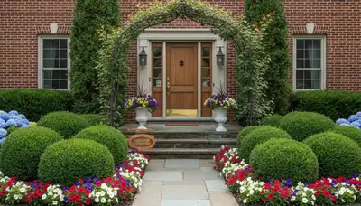 Front yard curb appeal landscaping with colorful plants and shrubs in Cleveland, OH