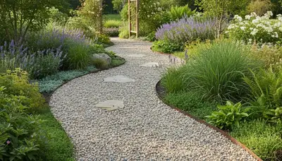 Professional pea gravel garden path installation with clean borders in Cleveland, OH landscaping