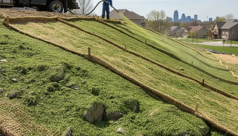 Professional hydroseeding on Cleveland OH hillside for erosion control and slope stabilization