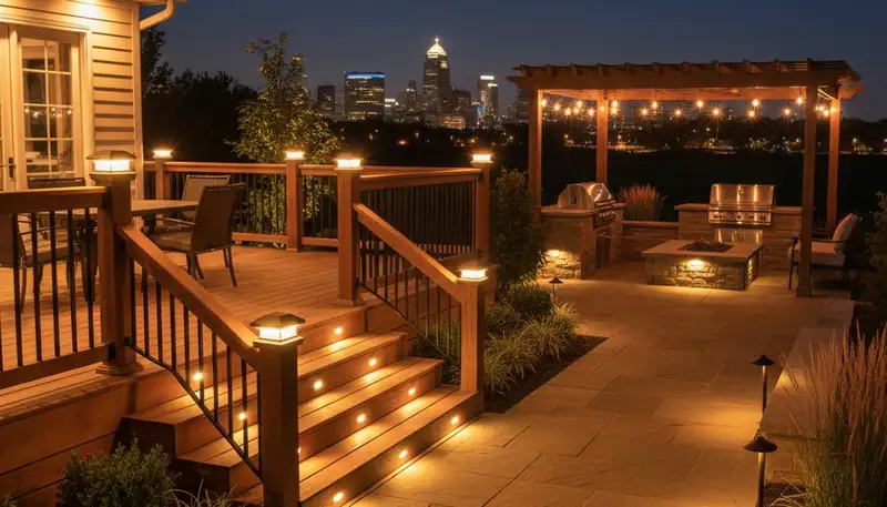 Illuminated deck and patio lighting installation by professional landscapers in Cleveland, OH