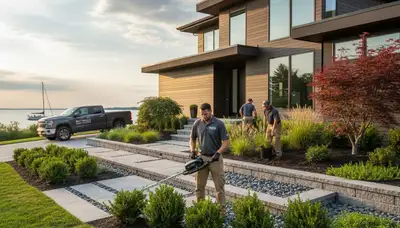 Landscaping crew servicing a Cleveland, OH property with professional outdoor maintenance