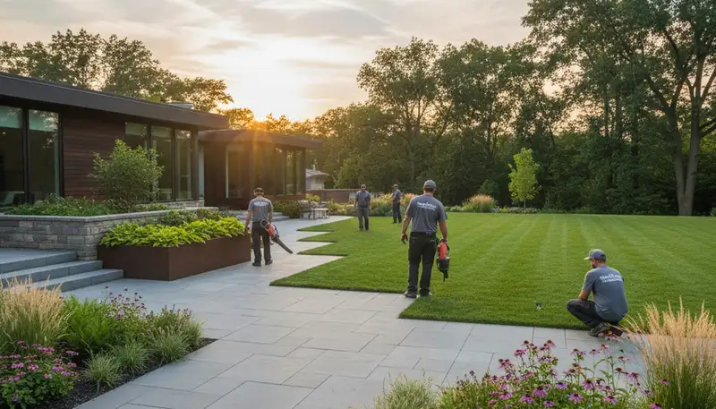 Landscape service team in Cleveland, OH maintaining a residential yard and garden beds