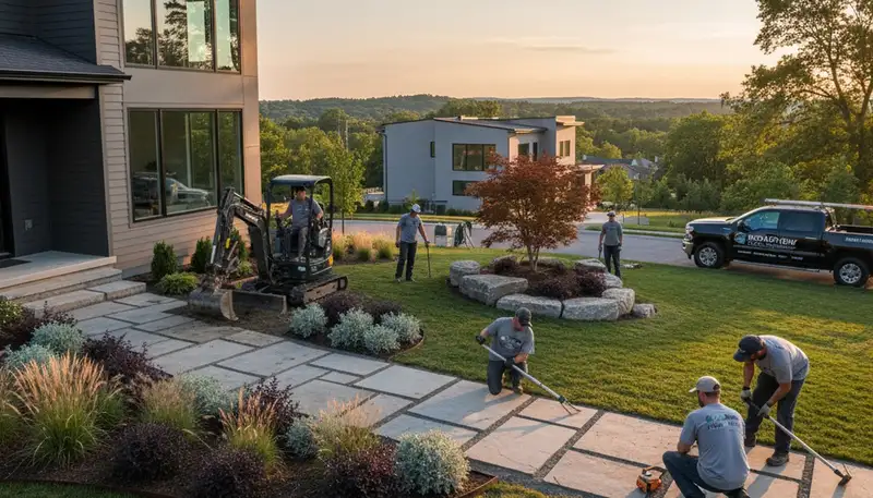 Landscaping crew providing lawn care and outdoor property maintenance in Cleveland, OH
