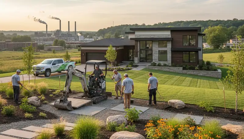 Landscaping crew providing lawn care and landscape maintenance in Cleveland, OH