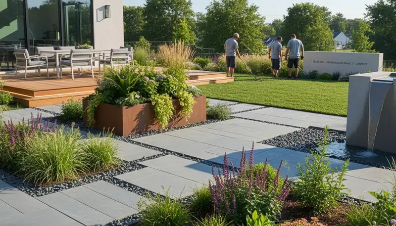 Landscaping crew in Cleveland, OH providing professional lawn care and outdoor property maintenance