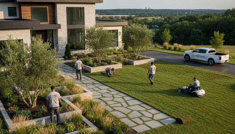 Landscaping crew serving Cleveland, OH with professional lawn and landscape maintenance services