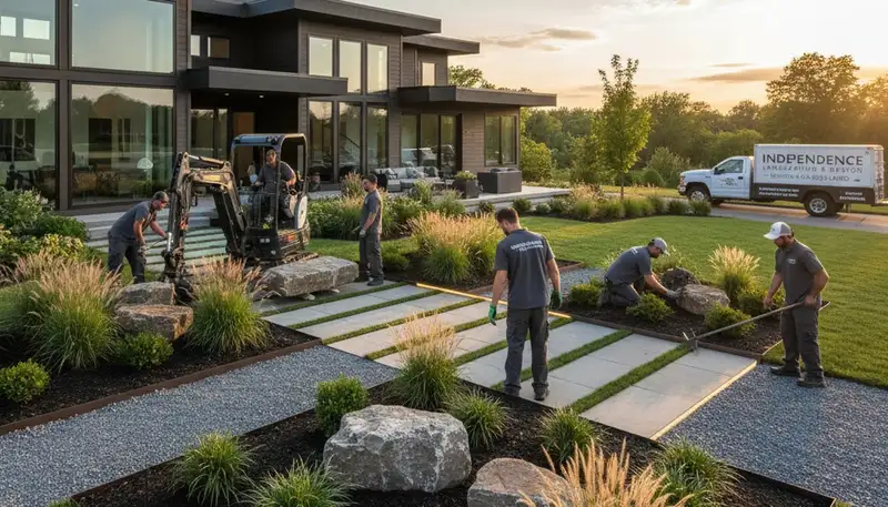 Landscaping crew providing lawn care and landscape maintenance in Cleveland, OH