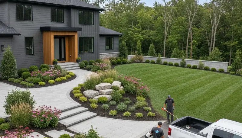 Landscaping crew serving Cleveland, OH with professional lawn and landscape maintenance service