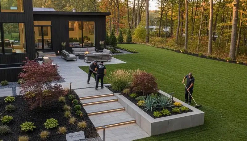 Landscaping crew maintaining a Cleveland, OH property with professional lawn care services