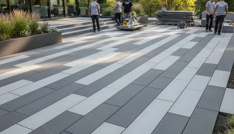 Large format stone slab installation with modern design by Chop Chop Landscaping in Cleveland, OH