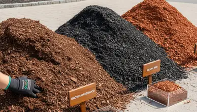 Brown, black, and red mulch color options displayed for Cleveland, OH landscaping projects