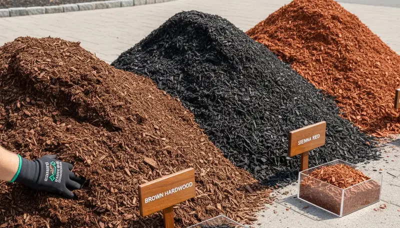 Brown, black, and red mulch color options displayed for Cleveland, OH landscaping projects
