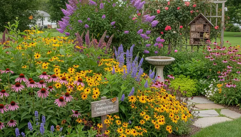 Vibrant native pollinator garden with bees and flowers by organic landscapers in Cleveland, OH
