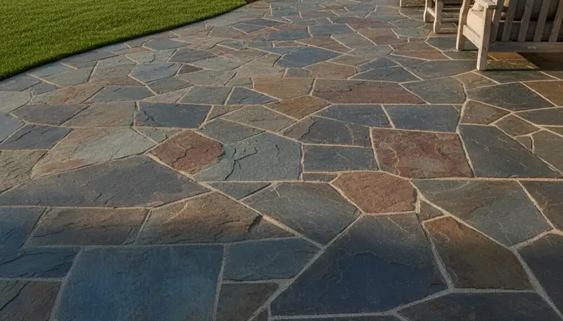 Flagstone patio with natural stone pavers professionally installed by landscapers in Cleveland, OH