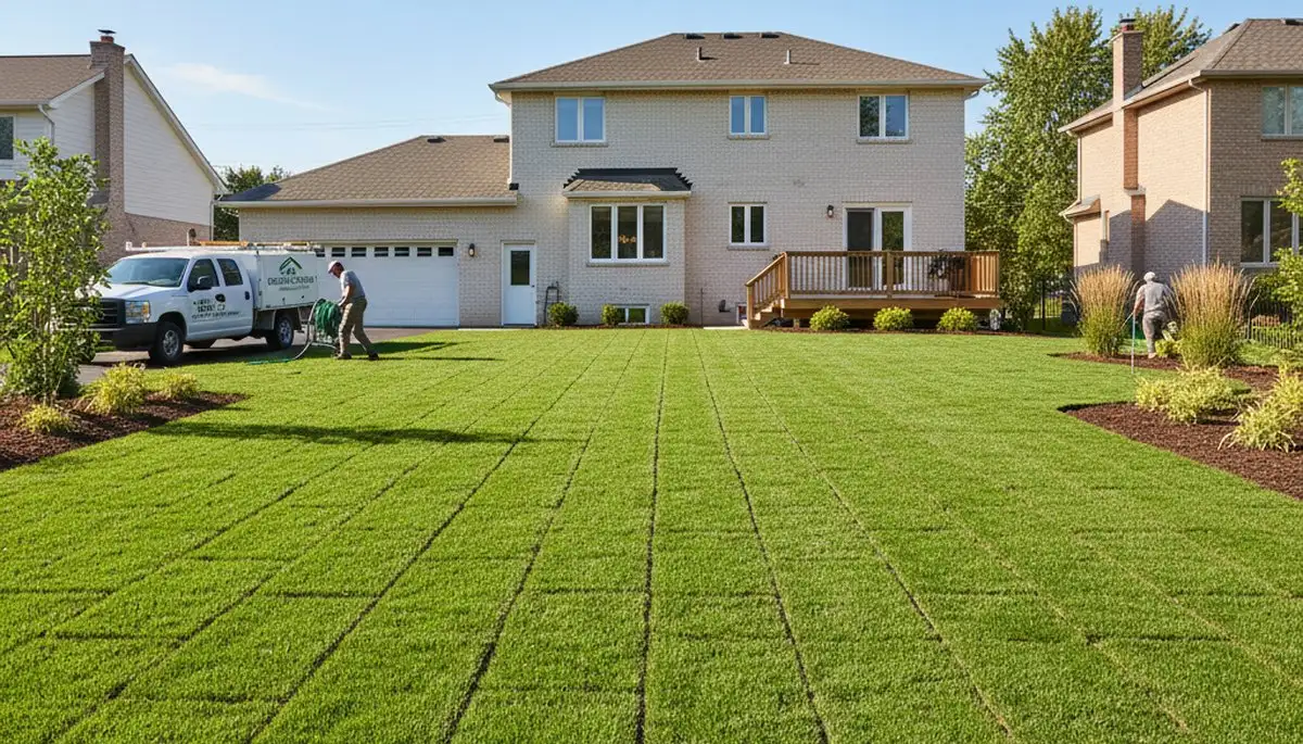 Freshly installed green sod lawn by professional landscapers in Cleveland, OH for instant yard upgrade