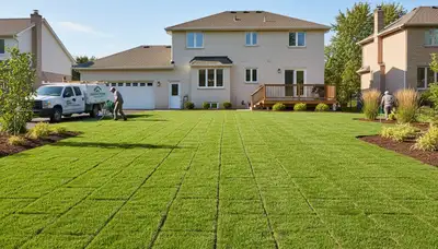Freshly installed green sod lawn by professional landscapers in Cleveland, OH for instant yard upgrade