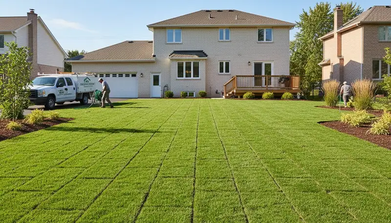Freshly installed green sod lawn by professional landscapers in Cleveland, OH for instant yard upgrade