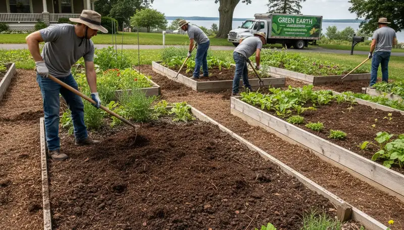 Professional applying organic compost and soil amendments in Cleveland, OH sustainable landscaping project