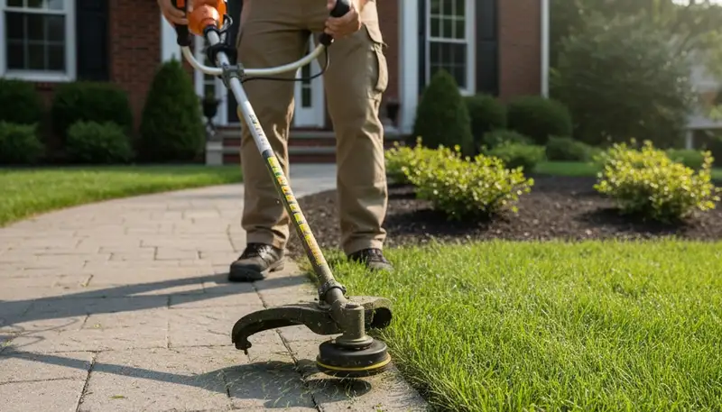 Technician performing precision lawn edging and trimming for professional landscaping in Cleveland, OH