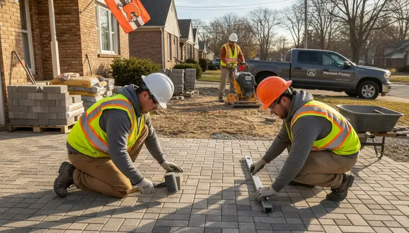 Crew installing driveway pavers in Cleveland OH with professional landscaping base preparation