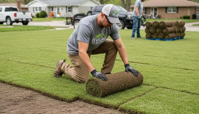 Professional landscaper installing fresh sod rolls with precision in Cleveland, OH lawn project