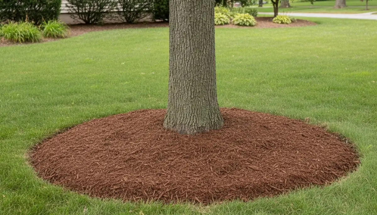 Professional circular mulch ring around tree base in Cleveland OH landscape by Chop Chop Landscaping