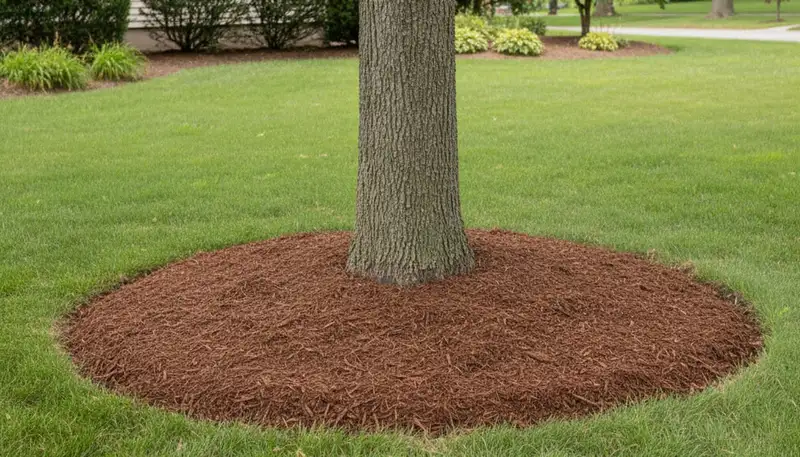 Professional circular mulch ring around tree base in Cleveland OH landscape by Chop Chop Landscaping