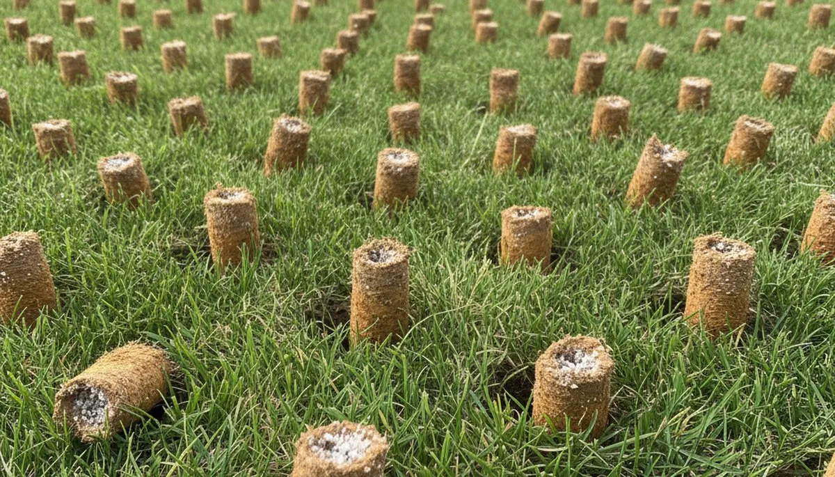 Close-up of soil core plugs after lawn aeration on a Cleveland, OH yard by Chop Chop Landscaping