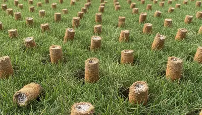 Close-up of soil core plugs after lawn aeration on a Cleveland, OH yard by Chop Chop Landscaping
