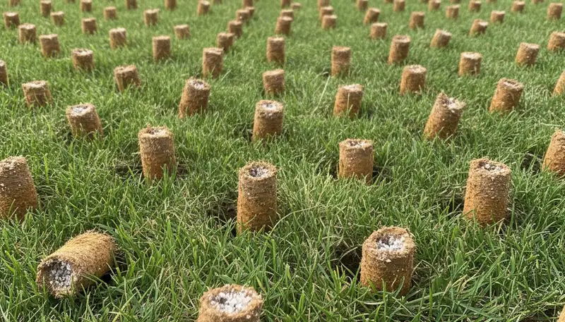 Close-up of soil core plugs after lawn aeration on a Cleveland, OH yard by Chop Chop Landscaping