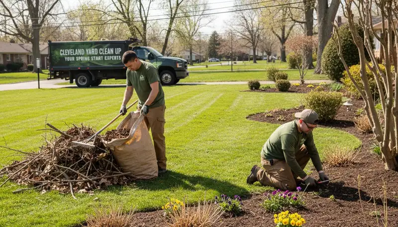 Landscapers clearing winter debris and pruning gardens during spring yard clean up in Cleveland, OH