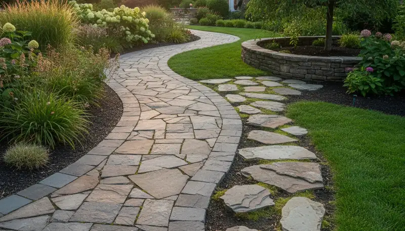 Curved stone paver pathway with natural stones by professional landscapers in Cleveland, OH