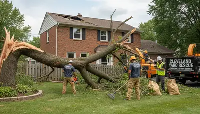 Storm damage cleanup crew removing fallen branches and debris in Cleveland, OH yard