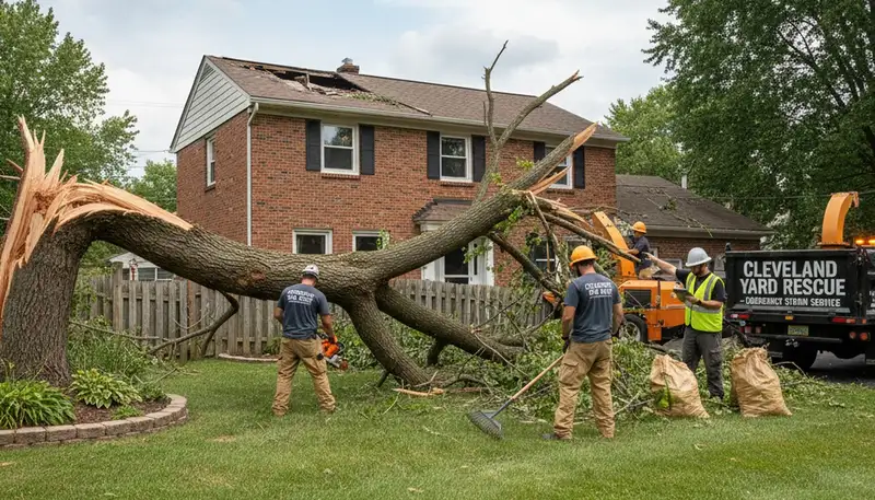 Storm damage cleanup crew removing fallen branches and debris in Cleveland, OH yard