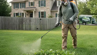 Lawn care technician applying targeted weed control on Cleveland, OH residential lawn